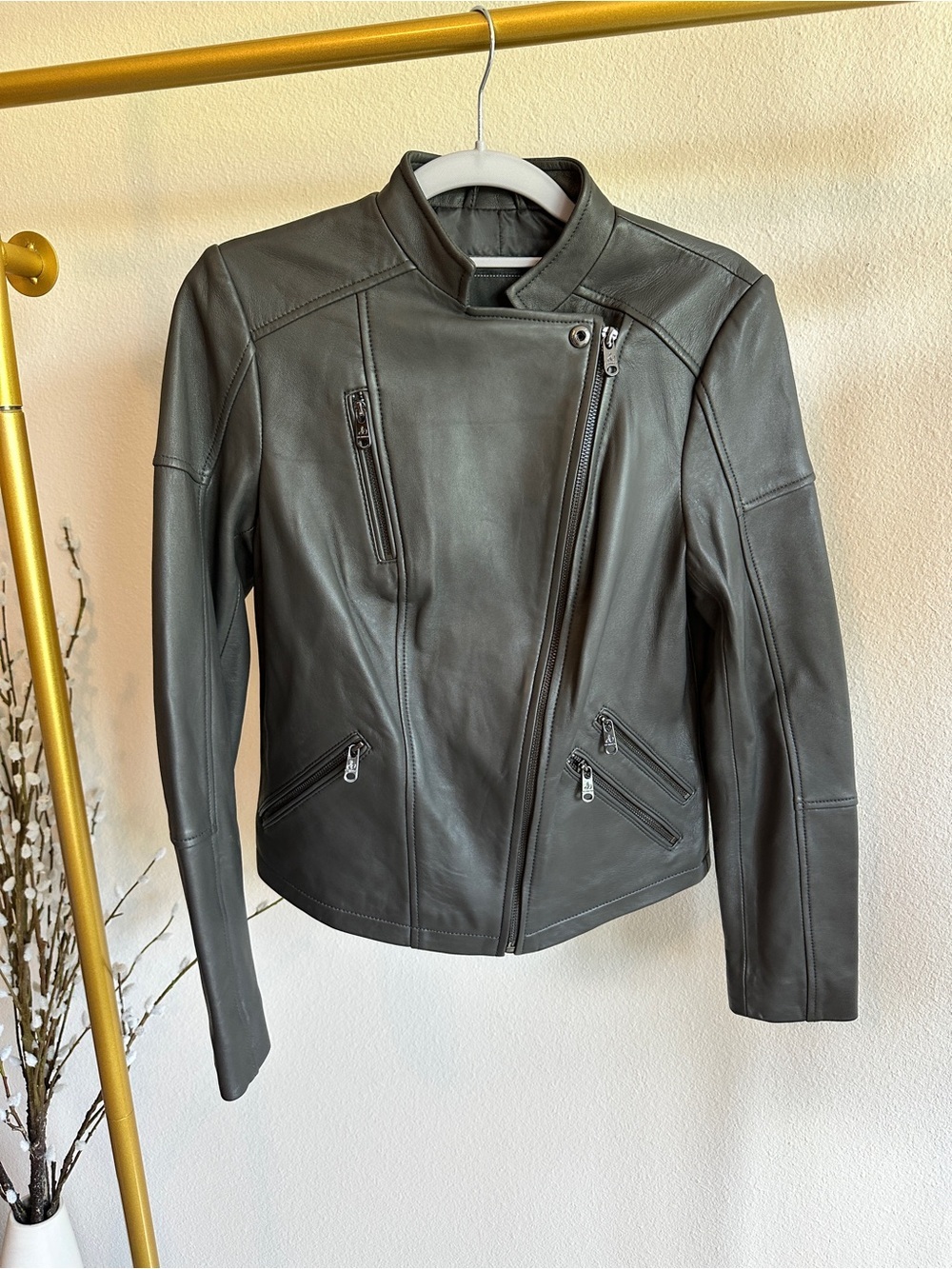 Sam Edelman Genuine Lamb Leather Grey Leather Asymmetrical Jacket